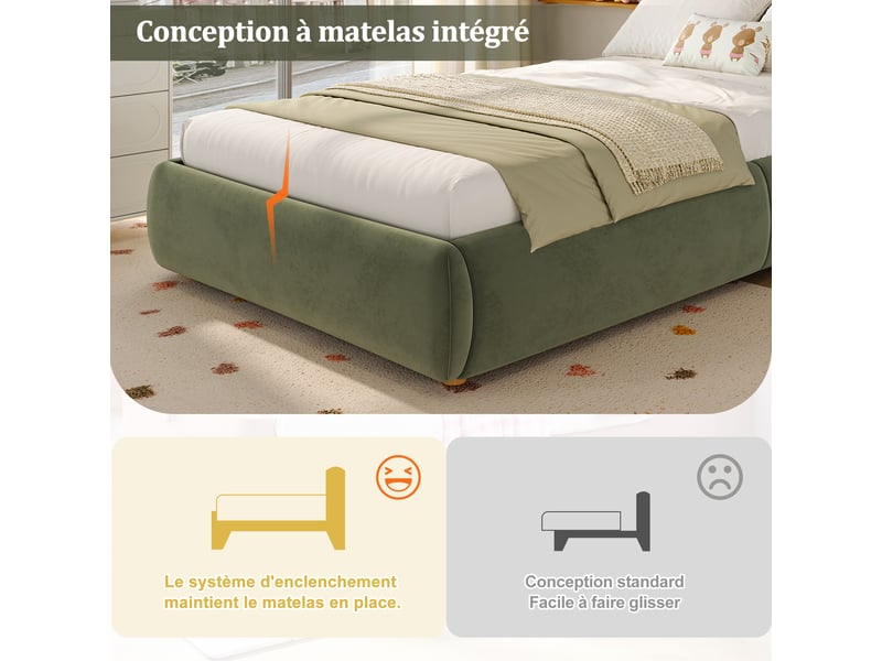  Lit coffre enfant 200×90 cm avec rangement hydraulique et sommier à lattes, sans matelas, en velours vert  - Conforama E