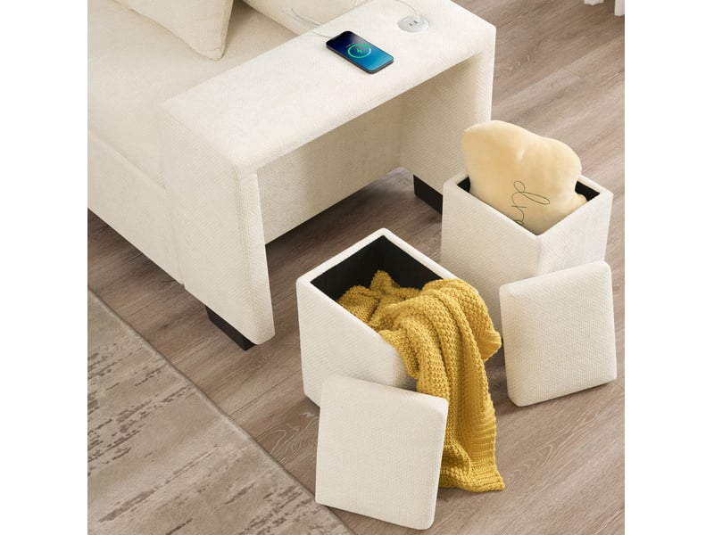Canapé d'angle 220x205x86,5cm, porte-gobelets, coussins, canapé de salon, structure en bois, revêtement chenille, beige - Conforama E