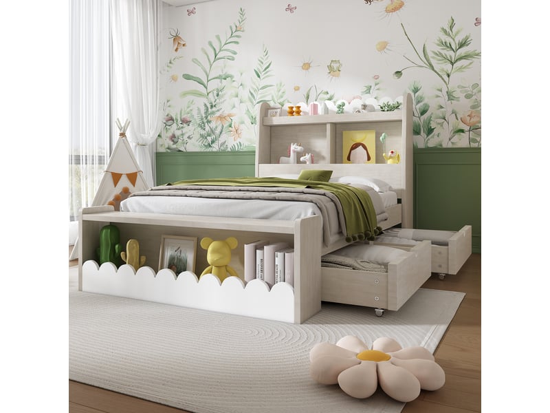  Lit enfant 90x200 cm, lit avec tiroirs, étagères et banc de rangement, bois et chêne, somier inclus, sans matelas, blanc  - Conforama E