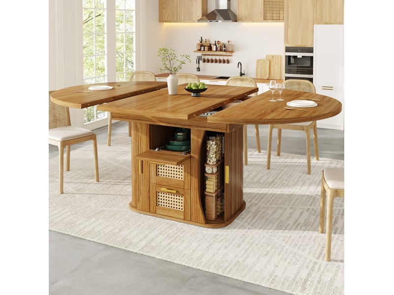 Table extensible avec tiroirs de rangement aspect rotin, structure stable en mdf chêne, pour la salle à manger - Conforama B