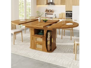Table extensible avec tiroirs de rangement aspect rotin, structure stable en mdf chêne, pour la salle à manger