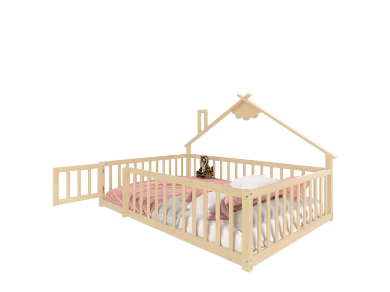  Lit enfant cabane 140x190 cm, style inspirant, barrière 32 cm avec serrure, bois de bois et mdf, naturel, sans matelas  - Conforama A
