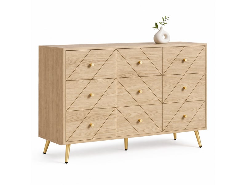  Commode 9 tiroirs avec pieds en métal et motifs géométriques pour chambre, salon ou entrée, 120×39×80 cm, naturelle  - Conforama A