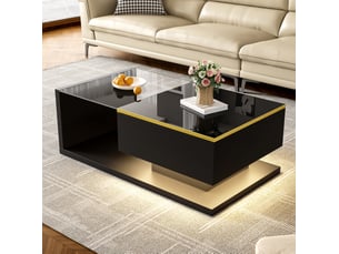 Table basse 90x50x32,5 cm led, plateau verre trempé, rangement pratique et compartiment, panneau de particules, noir