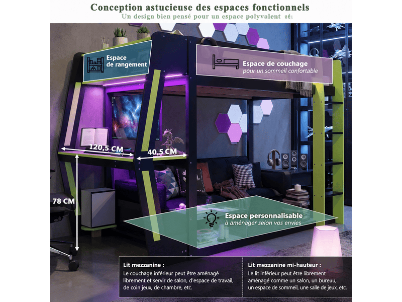 Lit mezzanine 120x200 cm avec bureau gaming intégré, support pc, éclairage led, rangement, structure bois, noir et vert OMNIGLINT TRADING LTD - Conforama E