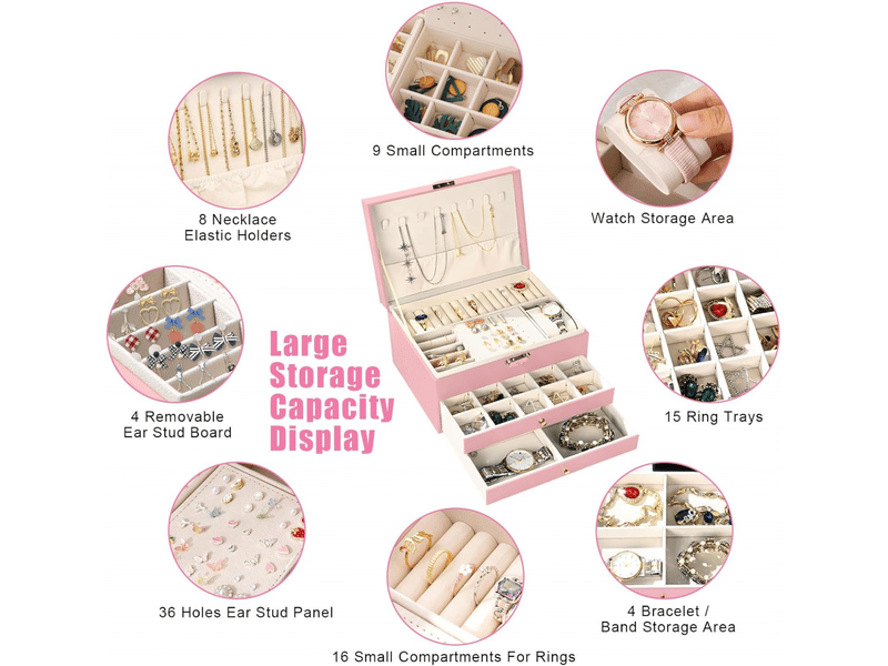  Boite a bijoux, rangement bijoux 3 niveaux boite , boite à bijoux femme boite rangement bijouxrange,rose  - Conforama C