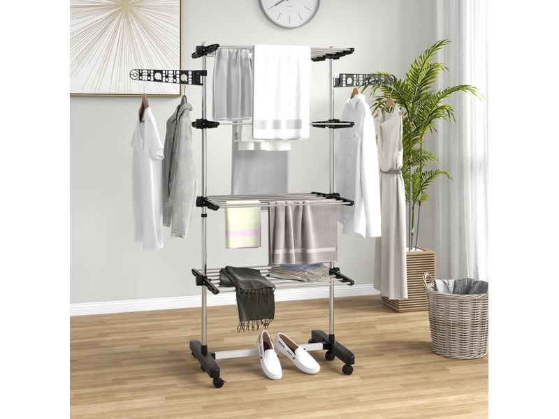 Séchoir à linge pliable 5 niveaux sur roulettes noir 142x55x172 cm - Conforama B
