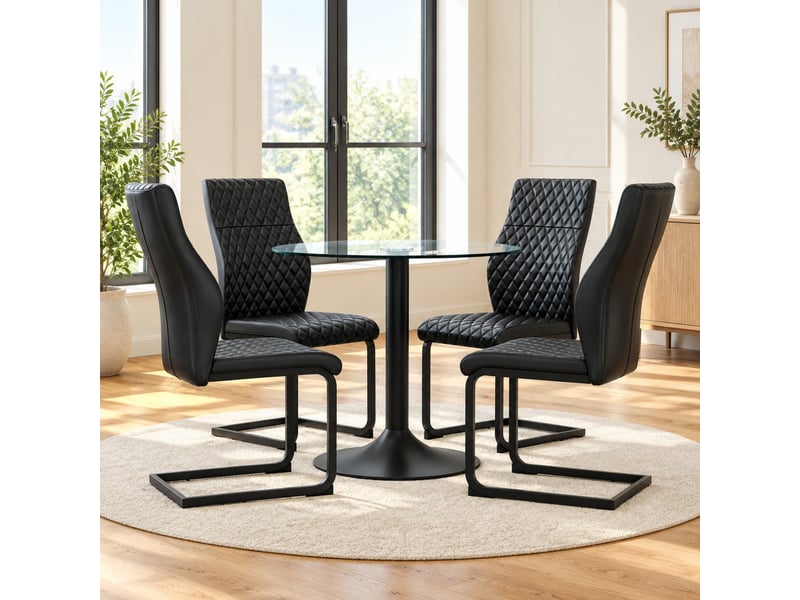  Ensemble table et chaises avec 1 table ronde et 4 chaises  - dossier haut - verre trempé, métal et pu - noir  - Conforama B