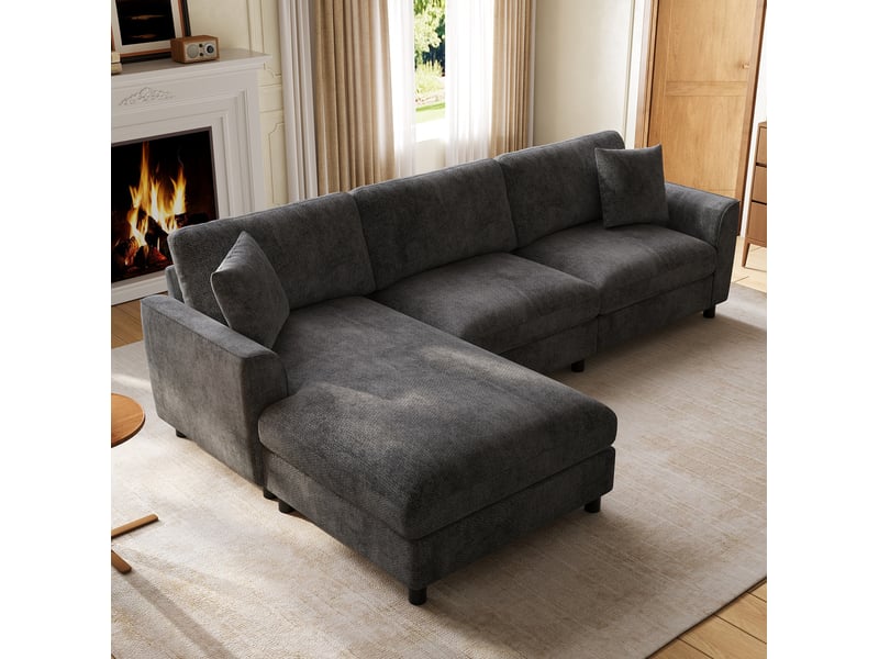  Canapé d'angle réversible 3 places avec méridienne large et coussins déhoussables en chenille gris, 256 × 137 × 79 cm  - Conforama D
