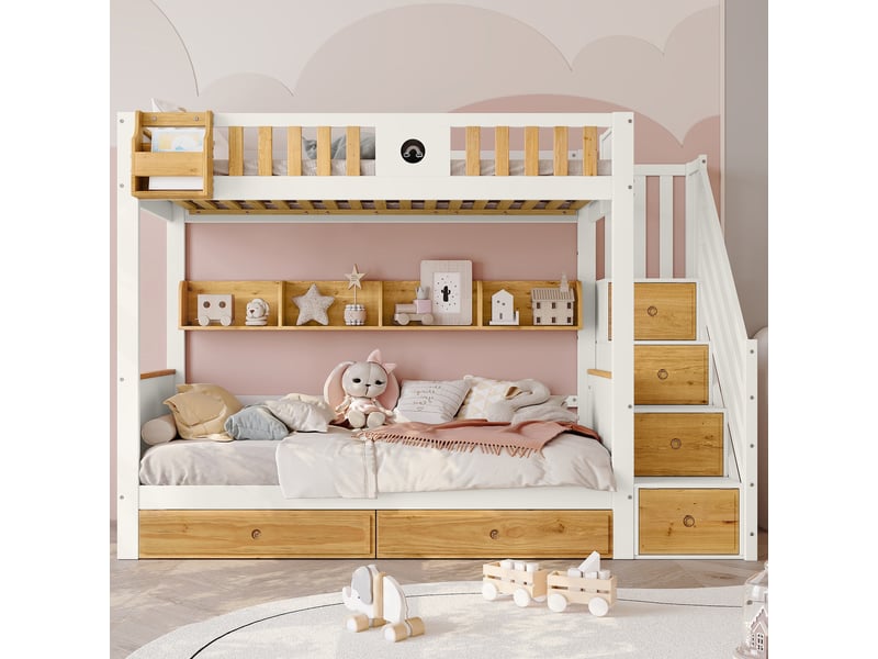 Lit superposé 90x200 cm, lit enfant gain de place avec escalier de rangement et tiroirs, en bois de pin massif et mdf, blanc et naturel - Conforama B