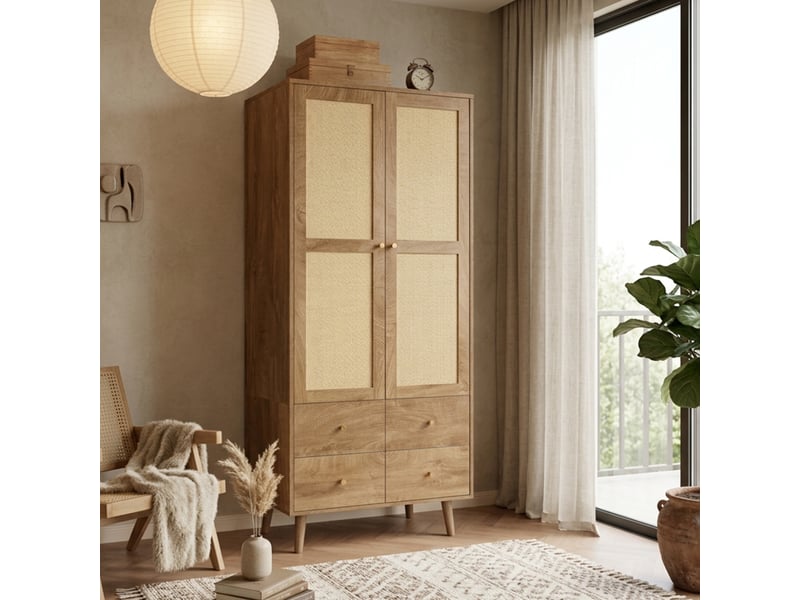 Armoire de chambre - armoire en bois naturel foncé, meuble multifonctionnel avec design en rotin, noix naturelle - Conforama W