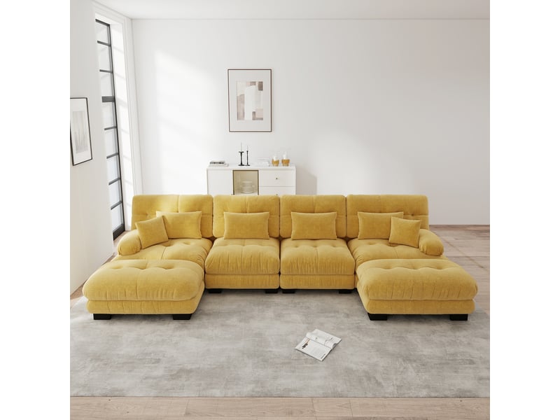  Canapé d'angle modulable 4 places avec ottoman mobile et assise profonde, en chenille, jaune  - Conforama C