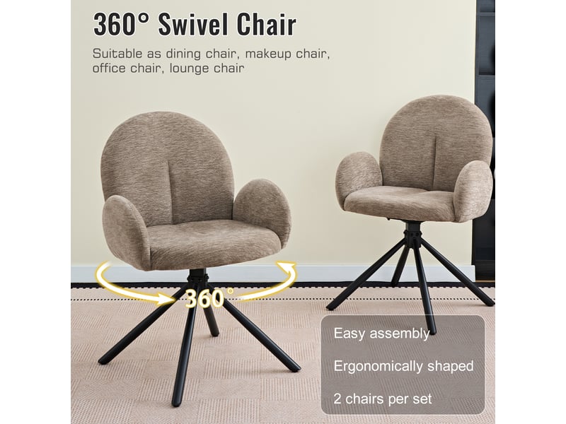 Lot de 2 chaises pivotantes de salle à manger avec accoudoirs assise rembourrée aspect velours piètement métal taupe - Conforama D