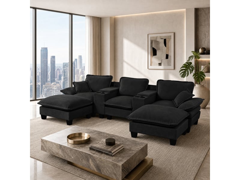  Canapé modulable en u modenvie 5 places en tissu chenille noir avec 2 ottomans, 2 coussins, usb, rangement et porte-gobelets, 323 x 155 x 90 cm  - Conforama E