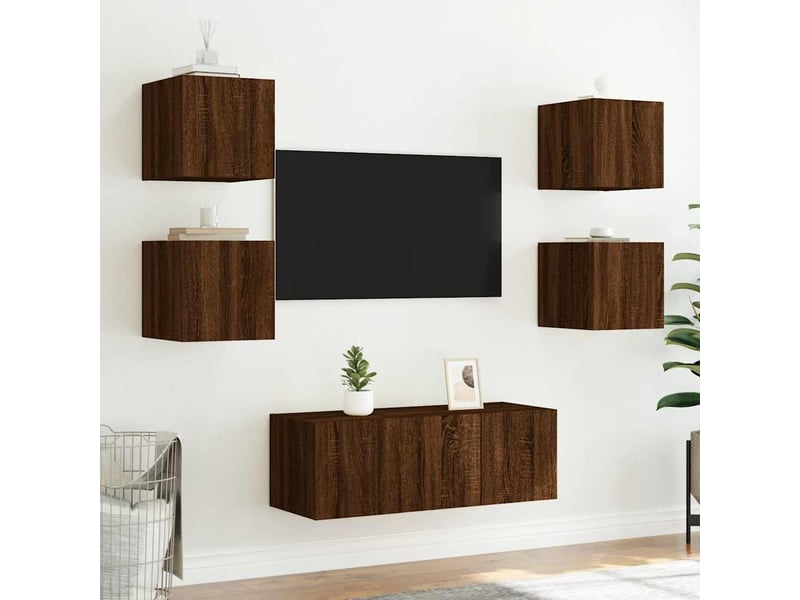 Lot de 2 meuble tv mural avec lumières led chêne marron 30,5x35x30 cm - Conforama E