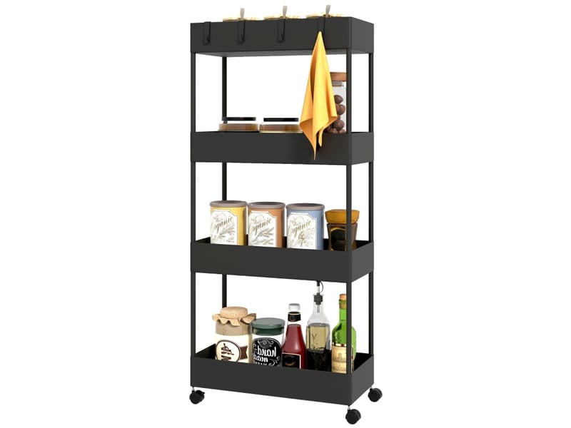  Desserte de cuisine 40 x 19 x 90 cm chariot de cuisine à 4 niveaux sur roulettes freins de blocage structure en plastique noire fonction de service  - Conforama A