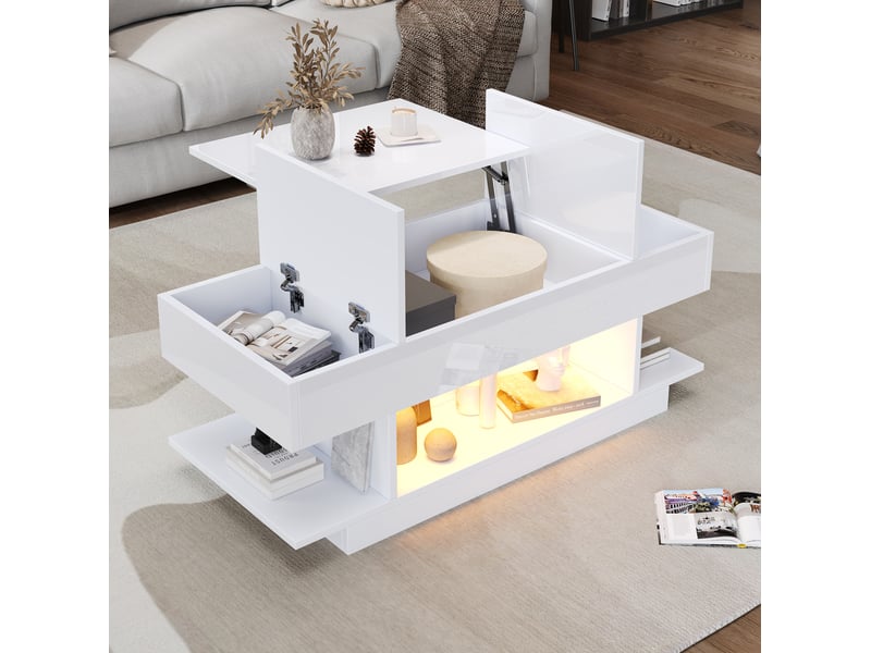  Table basse relevable 98x45x40 cm avec led et rangements blanc  - Conforama D