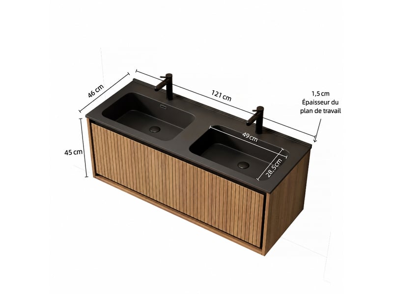  Meuble salle de bains suspendu 120 cm avec double vasque, finition chêne et résine noire  - Conforama C