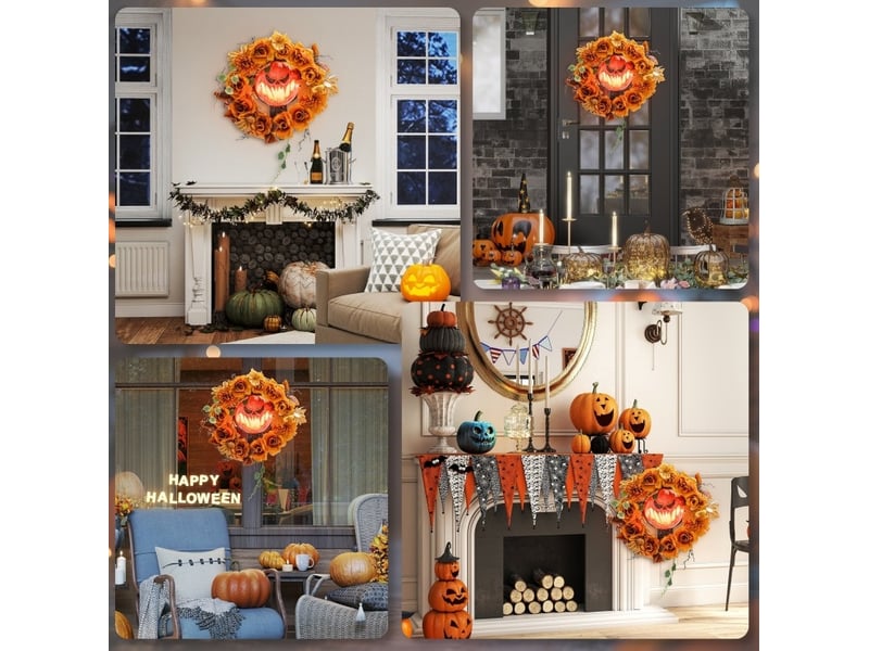  Couronne décorative d'halloween 44x9x44 cm orange en plastique et acier, 44 led, décoration à suspendre  - Conforama D