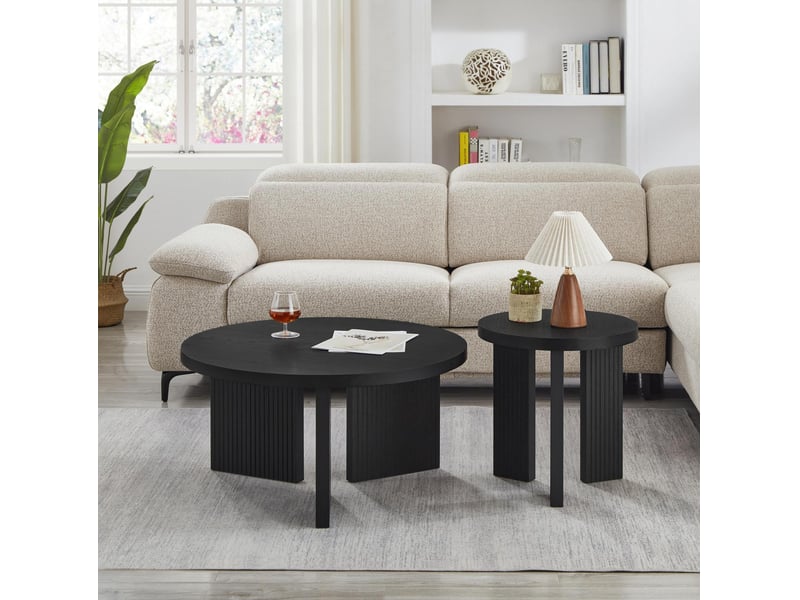  Set de tables basses rondes ulevr, 2 pièces noires en mdf, tables gigognes de salon à structure rainurée, ø 80 et 44,5 cm  - Conforama B