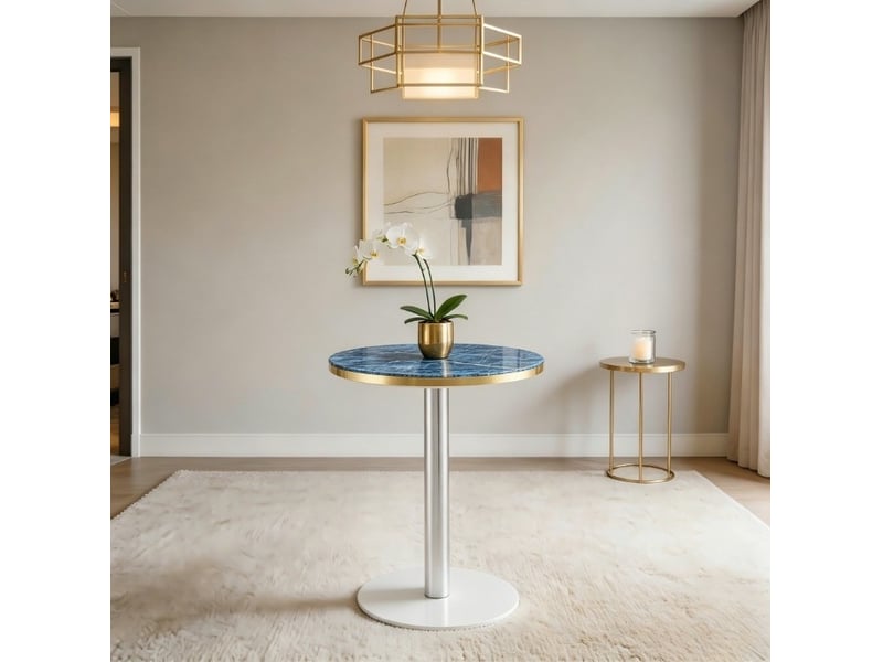  Table basse ronde fixe avec plateau effet marbre bleu et bord doré, structure en métal pour salon  - Conforama E