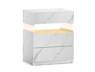 Table de chevet 3 tiroirs avec éclairage led et panneau acrylique pour chambre en bois blanc mat