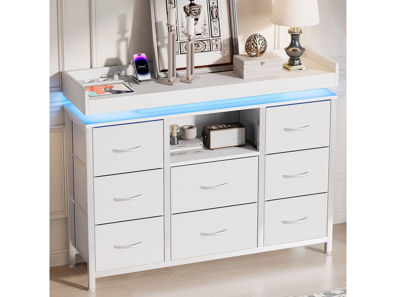 Commode 8 tiroirs - 108x30x82cm - meuble de rangement avec niche ouverte, bande led rgb réglable, style gamer - blanc - Conforama C