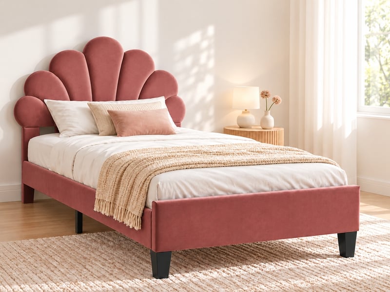  Lit enfant 90x200 cm en velours, lit simple rembourré avec sommier à lattes, tête de lit en forme de pétale réglable en hauteur, cadre de lit capitonné pour enfants et adolescents, rouge  - Conforama B