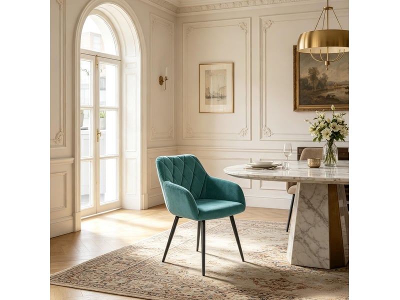  Chaise de salle à manger avec accoudoirs et assise rembourrée, dossier matelassé et pieds en métal, velours bleu canard  - Conforama E