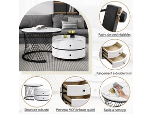 Tables basses gigognes lot de 2, 60 et 50 cm, 2 tiroirs, effet marbre haute brillance, salon, blanc