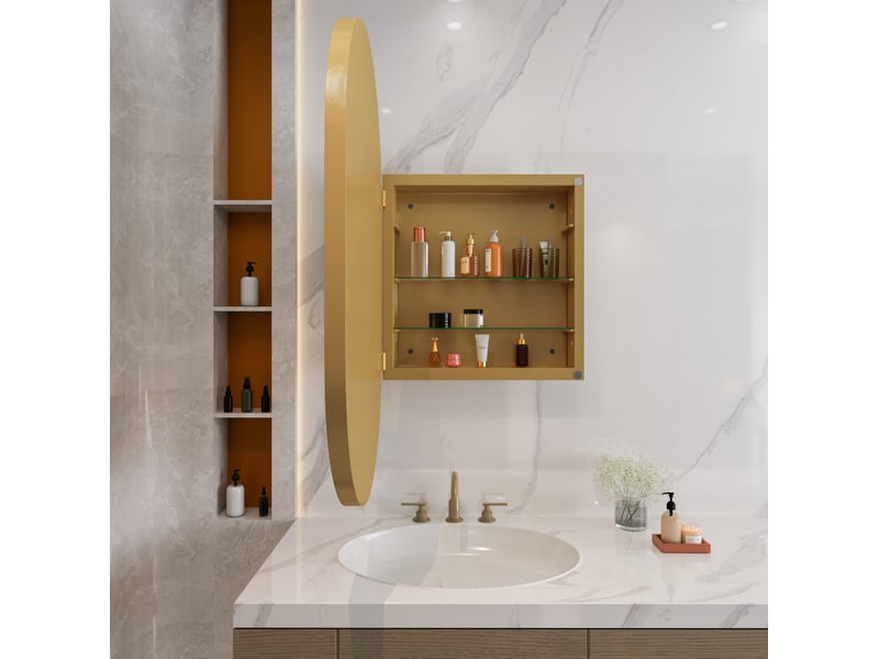  Armoire de toilette miroir ovale 85x51,5x12 cm, 2 tablettes en verre réglables, murale ou encastrée, métal doré  - Conforama D