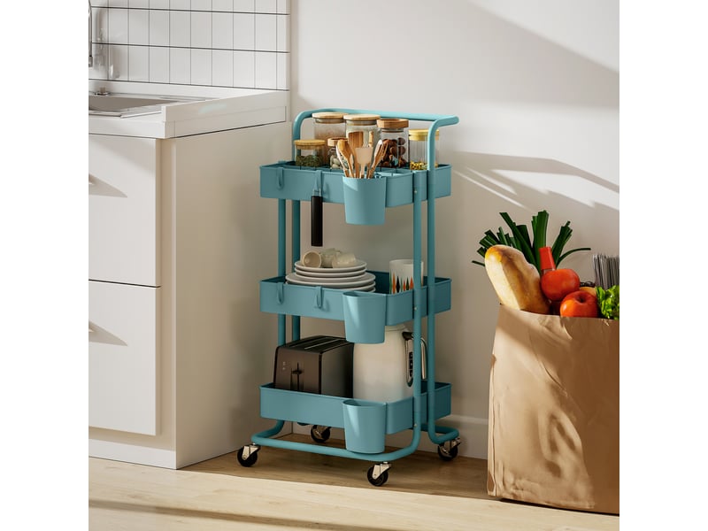 Chariot à 3 niveaux desserte avec 4 crochets et 3 boîtes suspendues amovibles pour 42 x 38 x 86,5 cm vertbleu- - Conforama D