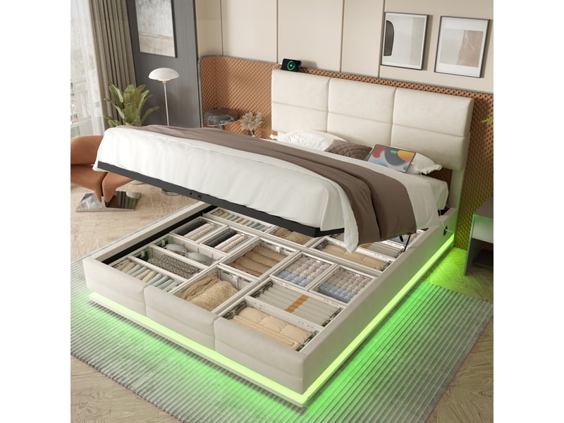  Lit coffre moderne 140 x 200 cm, velours, tête réglable, usb et type-c, led, hydraulique, beige, sans matelas  - Conforama C