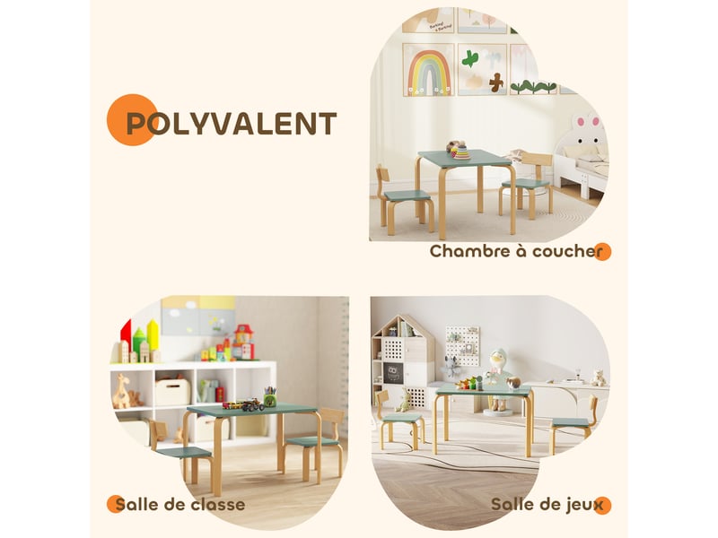  Table enfant avec chaises, lot table et 2 chaises enfant en bois pour dessiner, jouer, étudier, vert, 78x53x53cm  - Conforama W