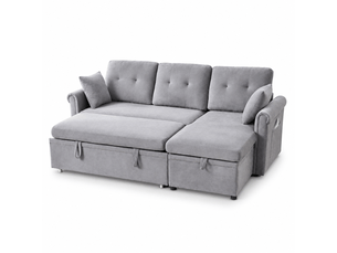 Canapé d'angle 3 places avec fonction lit, coffre de rangement, méridienne réversible et étagères latérales, chenille - gris