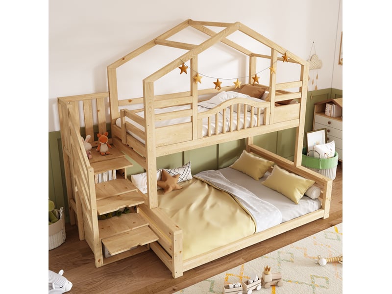 Lit superposé 90x200cm+140x200cm, armoire, escalier, rangements, style moderne, bois, couleur bois clair sans matelas - Conforama D