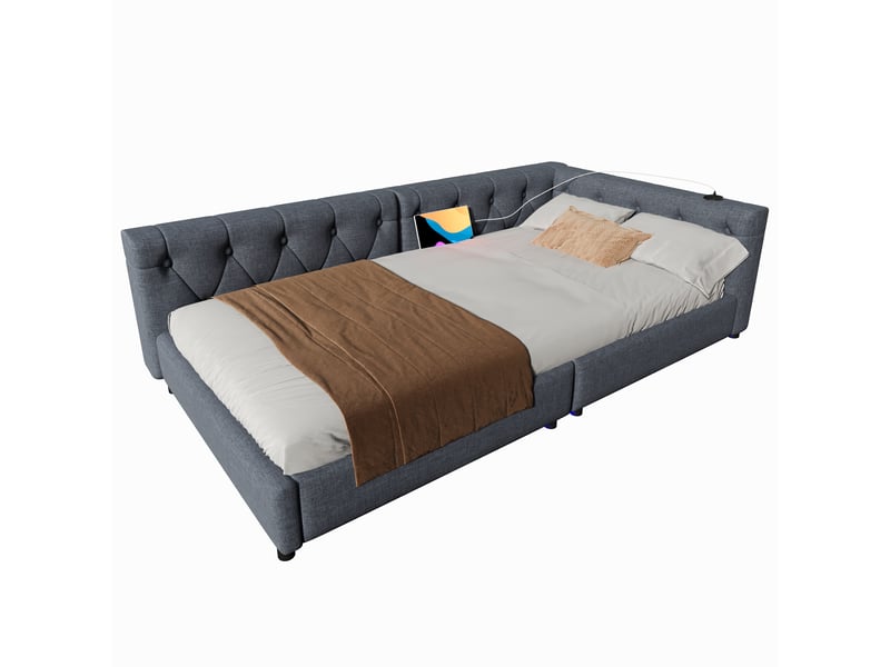  Canapé-lit 90 x 200 cm avec usb + type-c, lit simple avec led éclairage, lit adulte, lit 1 personne, gris, tête de lit capitonnée  - Conforama W
