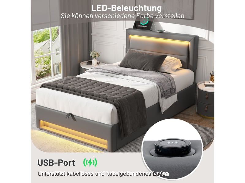  Lit capitonné 90x190 simili cuir gris avec éclairage led et port usb - rangement intégré  - Conforama E