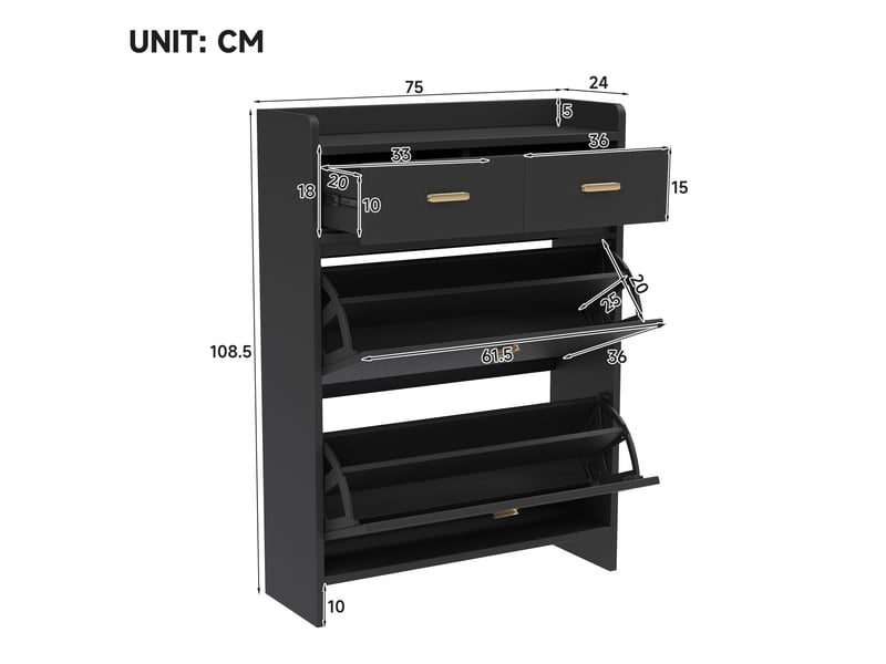Meuble à chaussures - 75x24x108,5cm - meuble d'entrée étroit avec 2 tiroirs, 2 abattants, niche ouverte - noir et doré - Conforama E