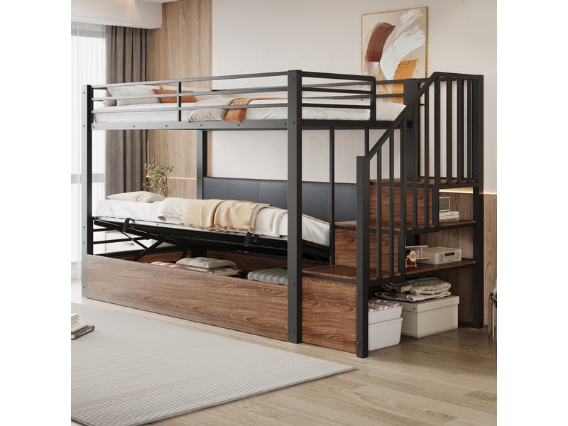  Lit superposé enfant 90x200 cm avec coffre hydraulique et rangements intégrés, échelle ou escalier, structure mdf et métal, noir OPULERANE TRADING LTD - Conforama C