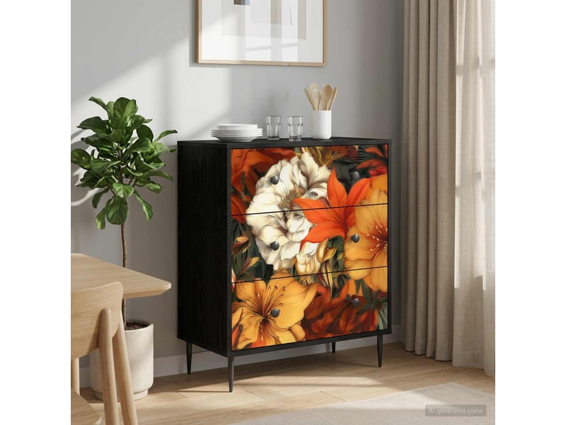  Commode chambre, meuble de rangement gennep impression de lys 66 x 36,5 x 76 cm chêne noir  - Conforama B