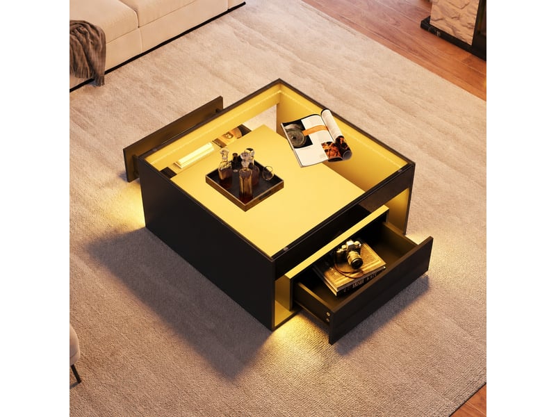Table basse avec deux tiroirs, plateau en verre trempé, led, 70 x 70 x 35 cm, noir - Conforama C
