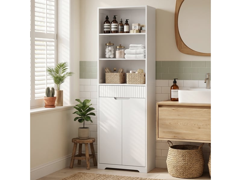 Armoire de salle de bain haute, 2 portes à fermeture amortie, tiroir, 3 compartiments ouverts et étagères réglables, blanche - Conforama D