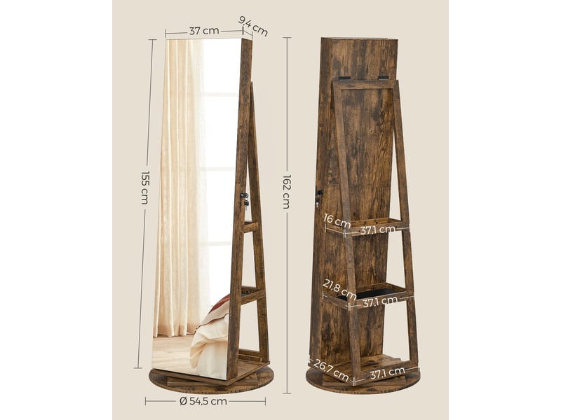 Armoire à bijoux avec miroir sur pieds verrouillable avec 6 led rangement bijoux pivotant à 360° miroir psyché sans cadre 3 étagères de rangement marron 12_0003930  - Conforama D