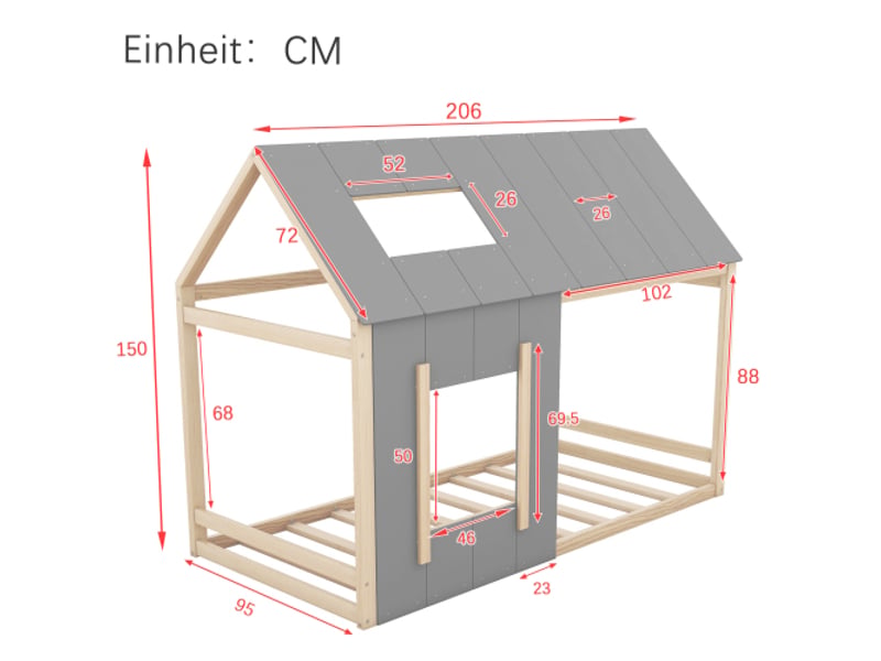  Lit simple enfant 90x200cm, lit en bois, lit cabane, forme de maison, gris + naturel  - Conforama D