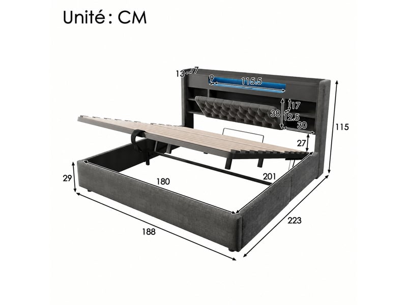  Lit coffre hydraulique 180 x 200 cm, led, usb et usb-c, tissu lin gris  - Conforama C