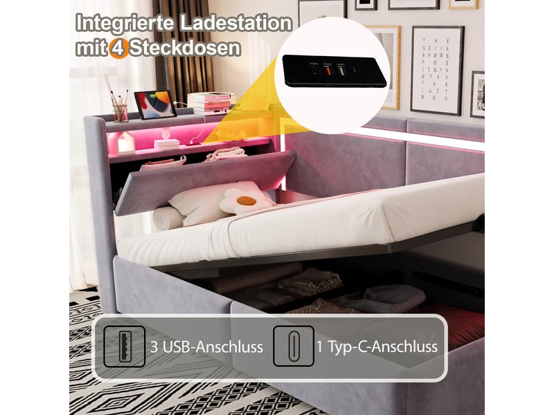  Lit simple 90x200 cm avec éclairage led et port usb, canapé-lit rembourré avec tête de lit en velours, gris clair, lit à vérins  - Conforama E