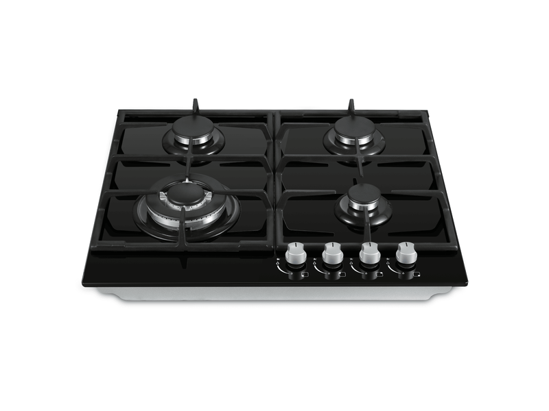  Plaque de cuisson gaz 4 feux, table de cuisson gaz 58 cm en verre trempé noir, encastrable ou indépendante, allumage électronique  - Conforama W