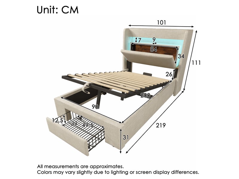  Lit coffre 90x200 cm, rangement hydraulique, tiroirs, tête de lit avec rangement, éclairage led, usb et usb-c pour chambre - beige  - Conforama C