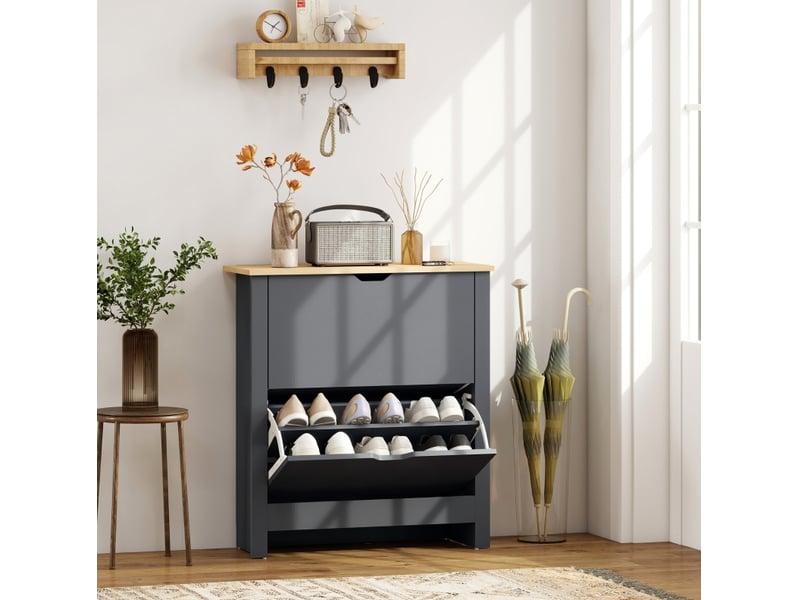  Meuble à chaussures avec 2 abattants et séparateurs réglables, rangement 8 à 12 paires, gris foncé 72 × 26 × 80 cm  - Conforama B